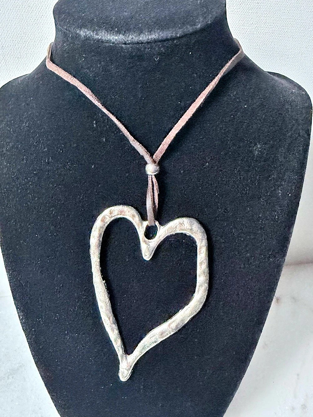 Heart Pendant leather Cord Necklace in Silver & Brown